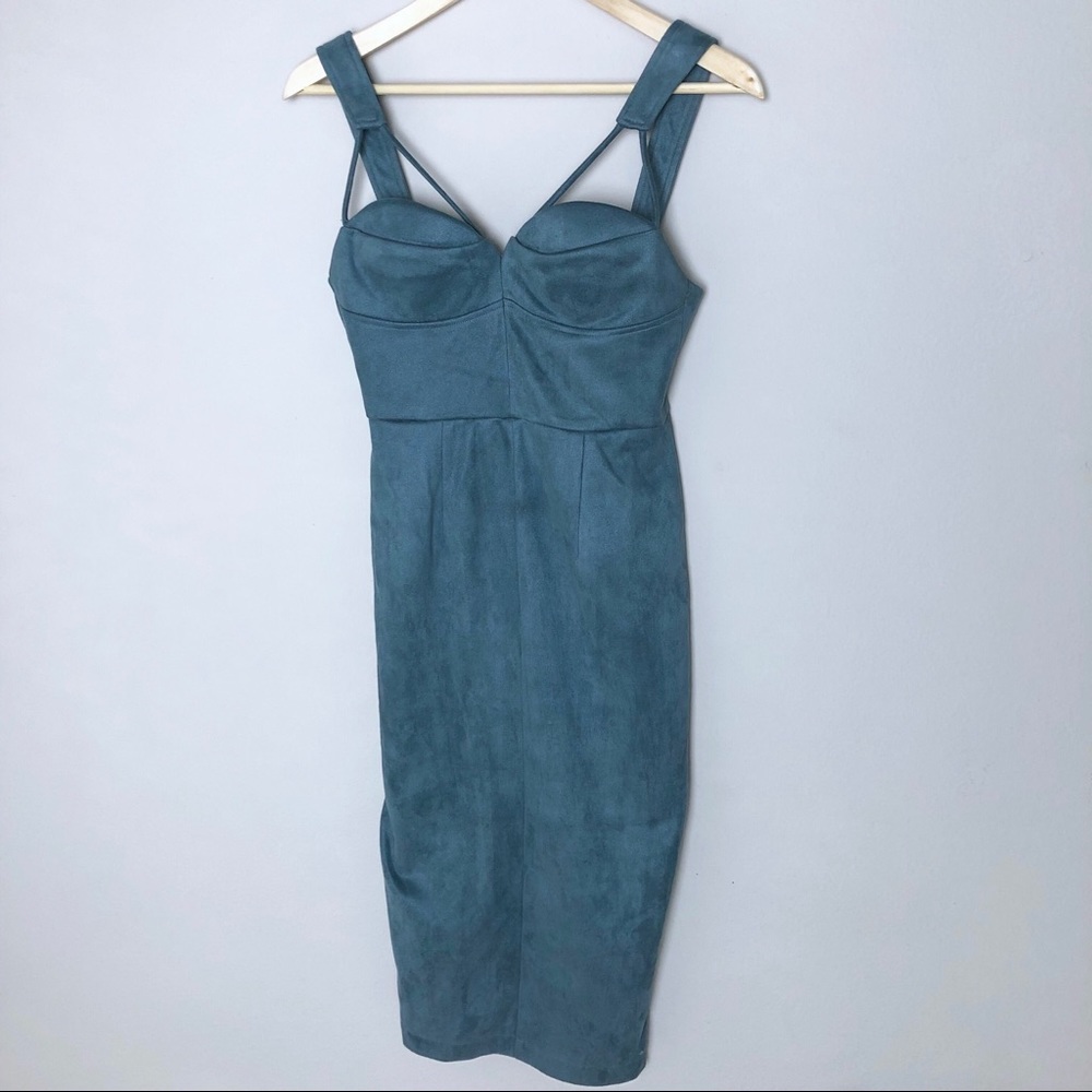 Teal Blue Faux Suede Pencil Dress
